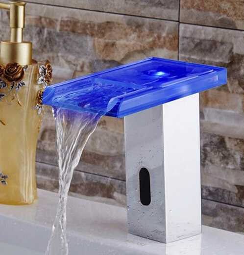 Beelee Glass Waterfall Brass LED Light Infrared Motion Basin Sensor Faucet