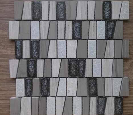 Irregular trapezoid crackle glass ceramic mix light wood and athen grey marble mosaic kitchen backsplash bathroom tile 