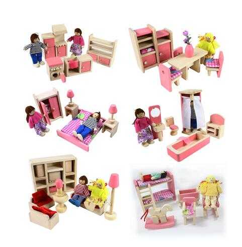 New design wooden miniature doll house furniture for kids with 6 style mixed 