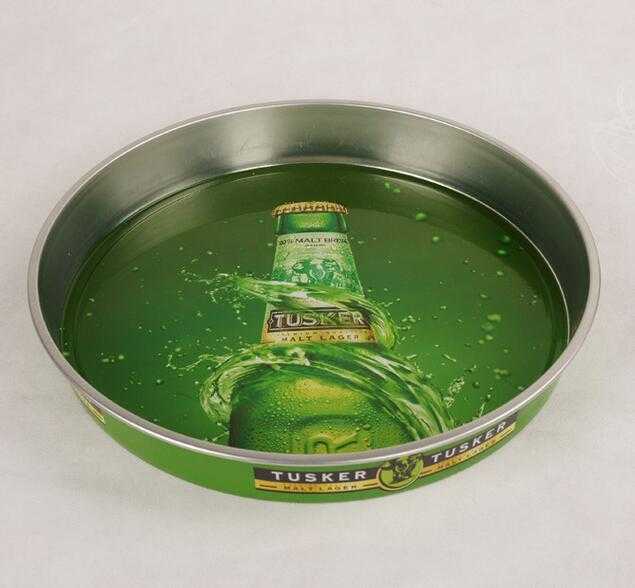 Round bar serving tin tray, round non-slip tin trays, anti-slip beer tin tray 