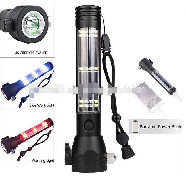 Solar Powered 3W LED Flashlight Safety Hammer rechargeable led torch light solar emergency flashlight with Power Bank Magnet