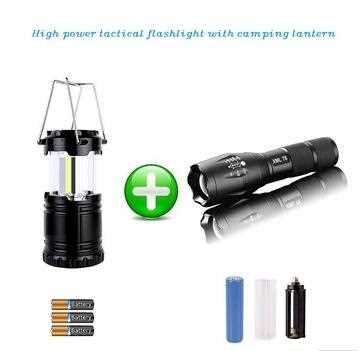 Zoomable high power tac light T6 led flashlight with cob camping tac lantern set