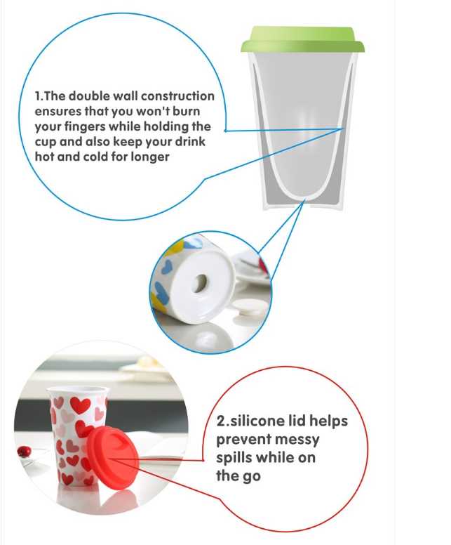 280cc double wall ceramic mug with silicone lid