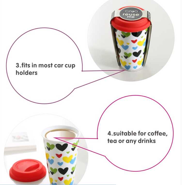 280cc double wall ceramic mug with silicone lid