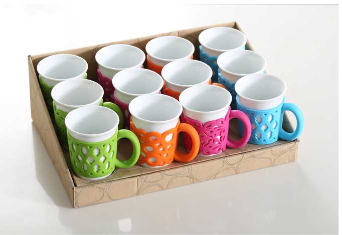 white ceramic mugs with colored silicone handle grip wholesale 