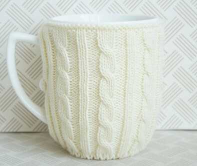 White color glazed Ceramic coffee mug with knitted cover