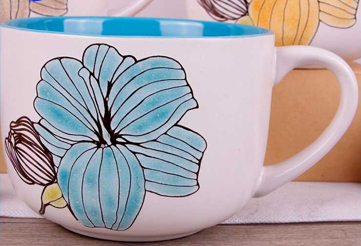 Cheap bulk white patterns with flowers ceramic soup mug
