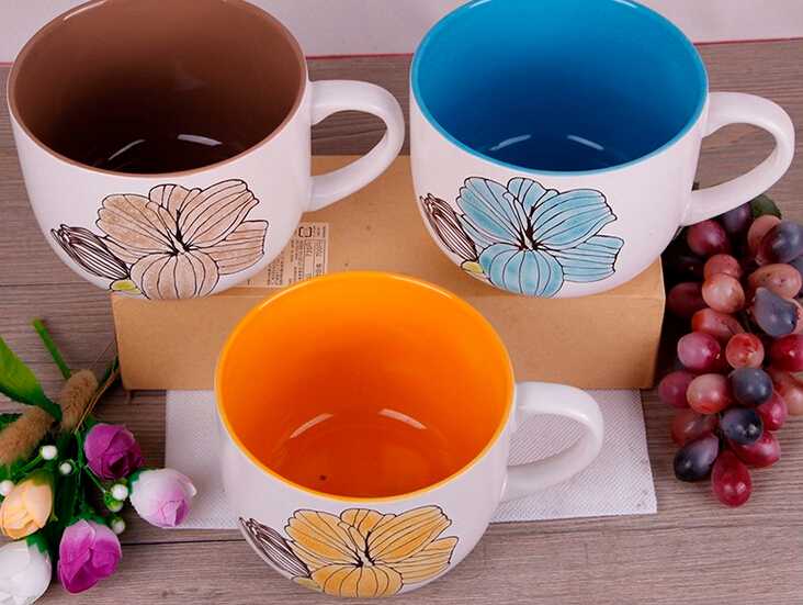 Cheap bulk white patterns with flowers ceramic soup mug