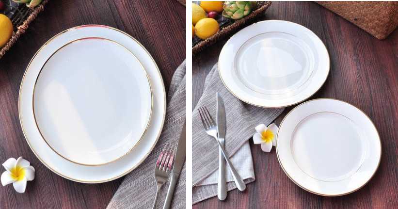 Royal hotel customized porcelain ceramic plate with gold rim