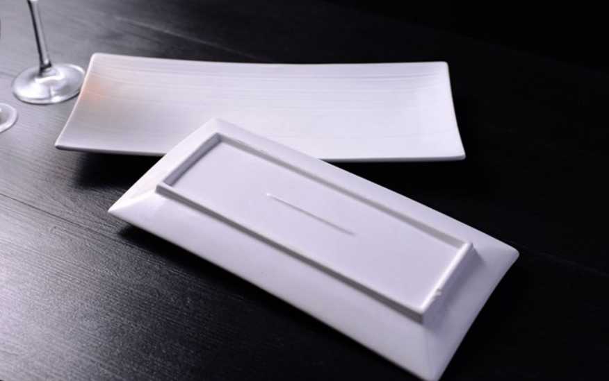 Rectangle white cheap ceramic sushi plate with linear stripe