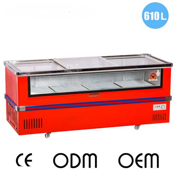 610L Sliding Door Showcase Front Transpartent Island Freezer with Thick Foaming Layer