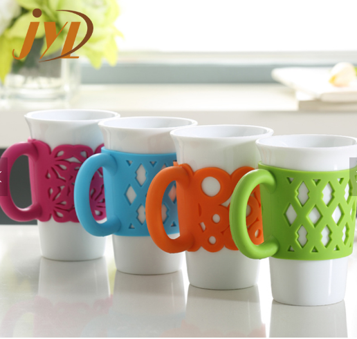 white ceramic mugs with colored silicone handle grip wholesale