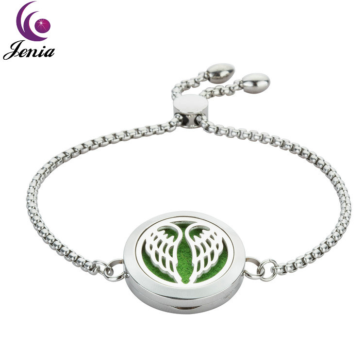 Jenia Essential Oil Dispenser Bracelet - Stainless Steel Angel Wing Round Locket for sale