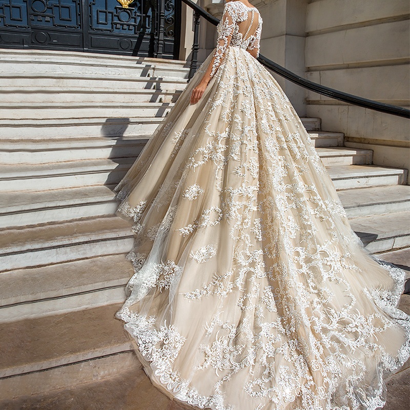 Gorgeous Ball Gown Long Sleeve Zipper Back Elegant Luxurious Lace Wedding Dress for sale