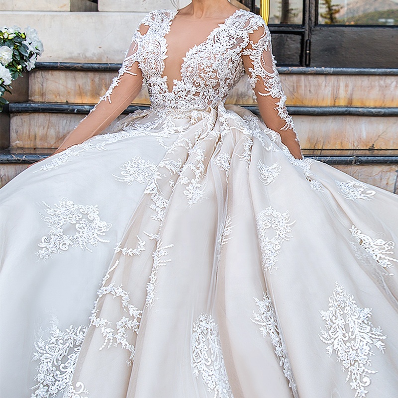 Gorgeous Ball Gown Long Sleeve Zipper Back Elegant Luxurious Lace Wedding Dress for sale