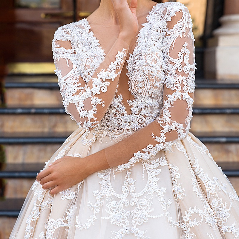 Gorgeous Ball Gown Long Sleeve Zipper Back Elegant Luxurious Lace Wedding Dress for sale