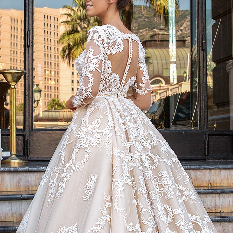 Gorgeous Ball Gown Long Sleeve Zipper Back Elegant Luxurious Lace Wedding Dress for sale