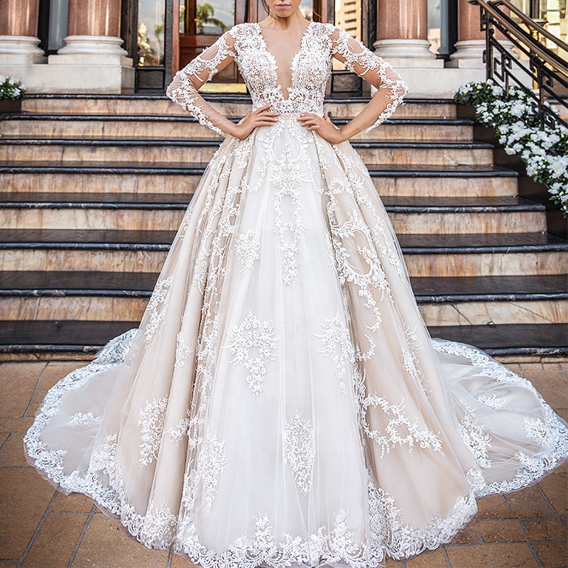 Gorgeous Ball Gown Long Sleeve Zipper Back Elegant Luxurious Lace Wedding Dress for sale