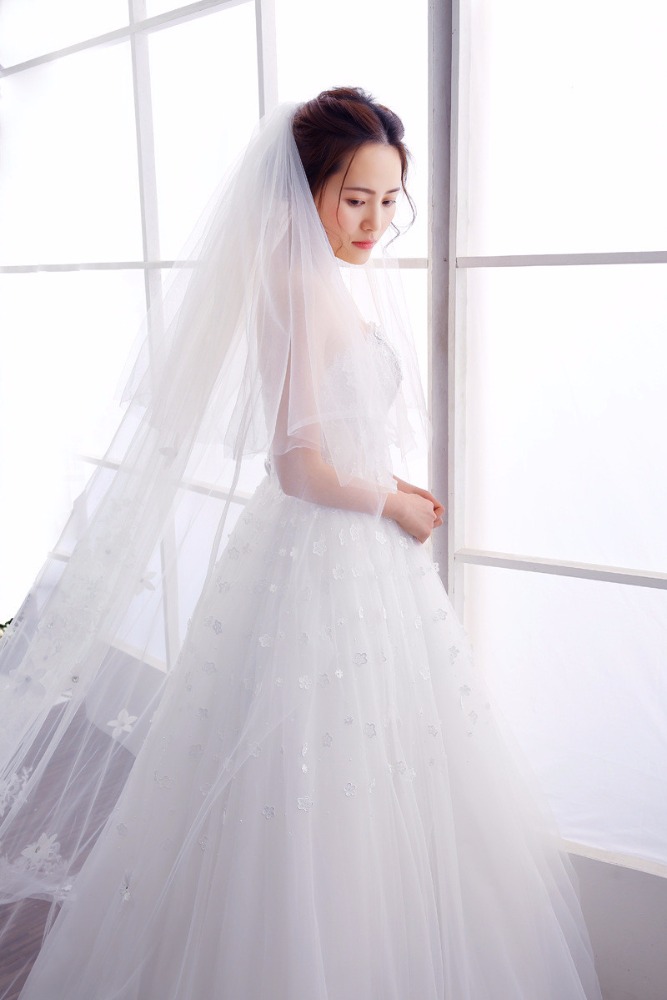 2018 Lace Appliqued Crystal Beaded Wedding Bridal Veils Long for sale