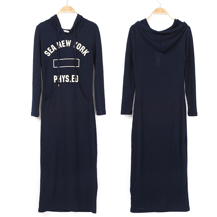 women navy blue long style pocket hoodie dress for sale