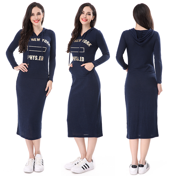 women navy blue long style pocket hoodie dress for sale