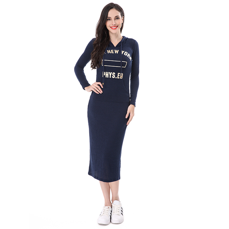 women navy blue long style pocket hoodie dress for sale