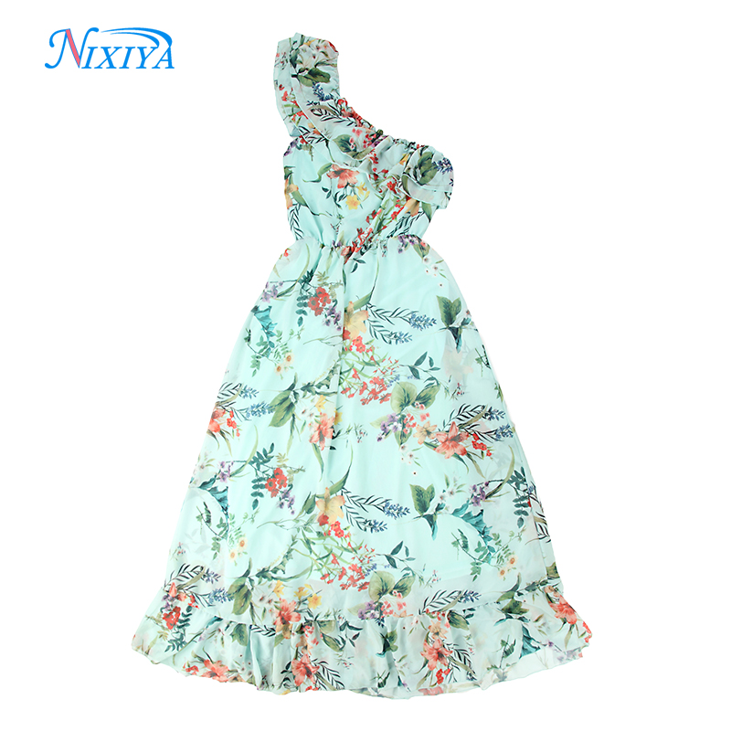 One shoulder frill green flower print women dress for 2018 for sale