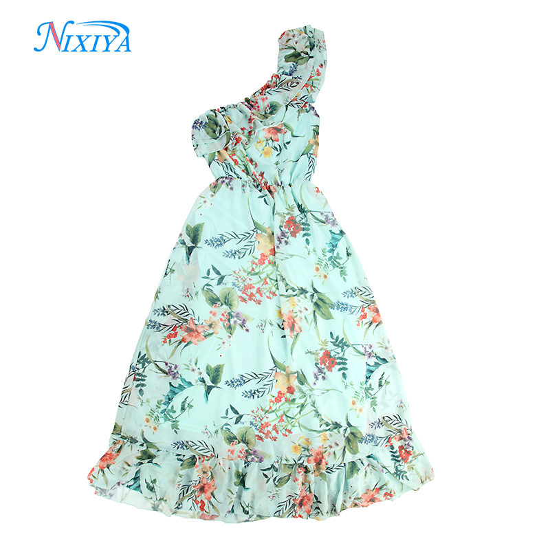 One shoulder frill green flower print women dress for 2018 for sale