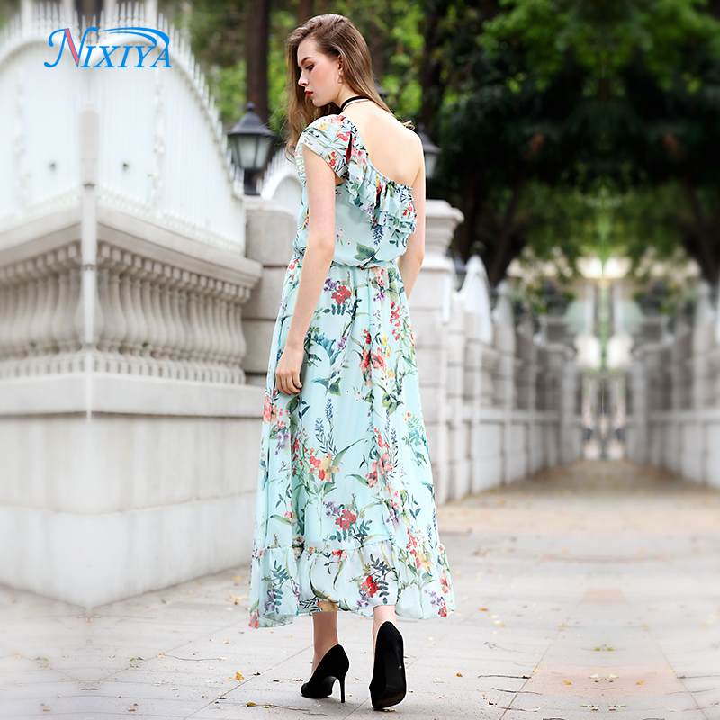 One shoulder frill green flower print women dress for 2018 for sale