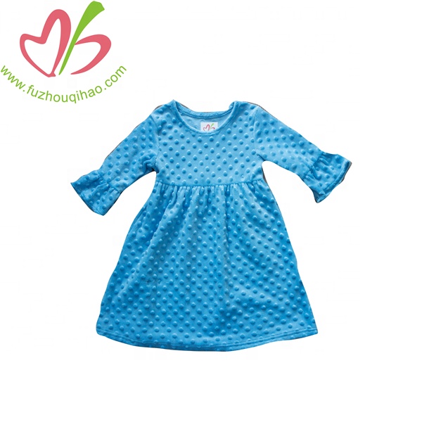 blue minky dot soft hand girl dress fashion boutique princess kids dress with factory price for sale