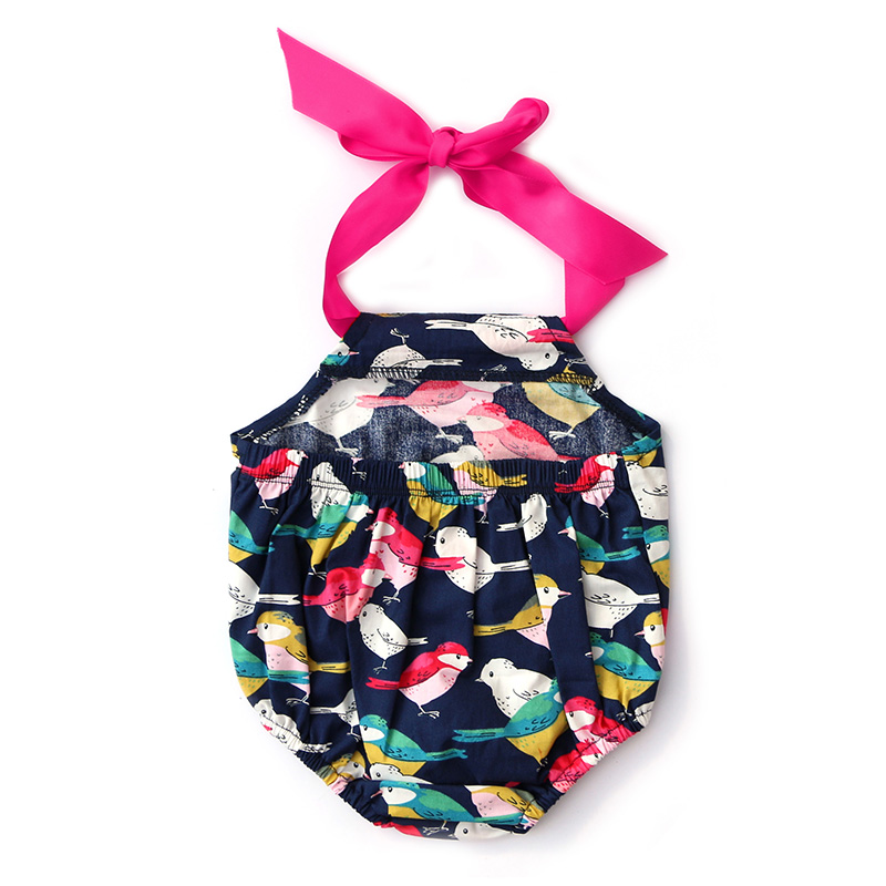 KY-BDK-029 Wholesale High Quality Woven Fabric Birds Printed Baby Romper for sale