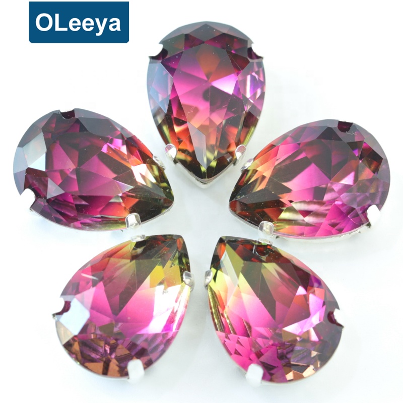 Wholesale Sewing Claw Gemstone Slides Teardrop Tourmaline Glass Point Back Sew On Pendant Silver Claw Rhinestone For Garment sale