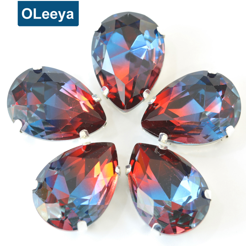 Wholesale Sewing Claw Gemstone Slides Teardrop Tourmaline Glass Point Back Sew On Pendant Silver Claw Rhinestone For Garment sale