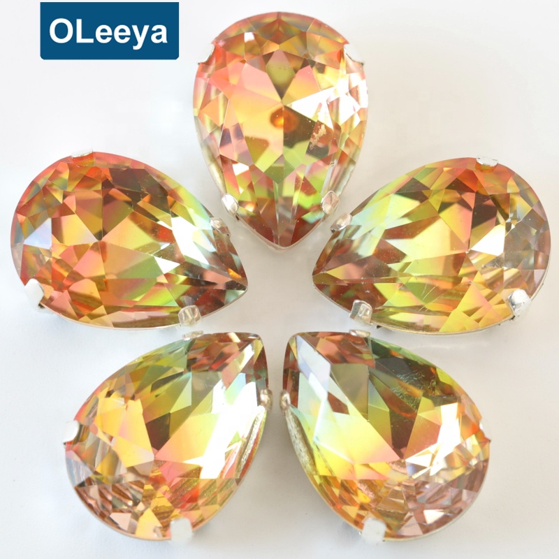 Wholesale Sewing Claw Gemstone Slides Teardrop Tourmaline Glass Point Back Sew On Pendant Silver Claw Rhinestone For Garment sale