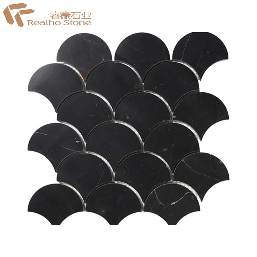 Wholesale Marquina Black Marble Fan Shaped Arabesque Mosaic Tile for Wall or Floor for sale