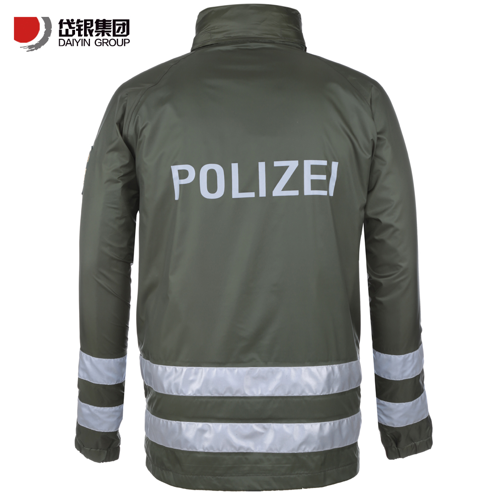 dark green polyester windbreaker waterproof parka jacket with reflective tape on Sale