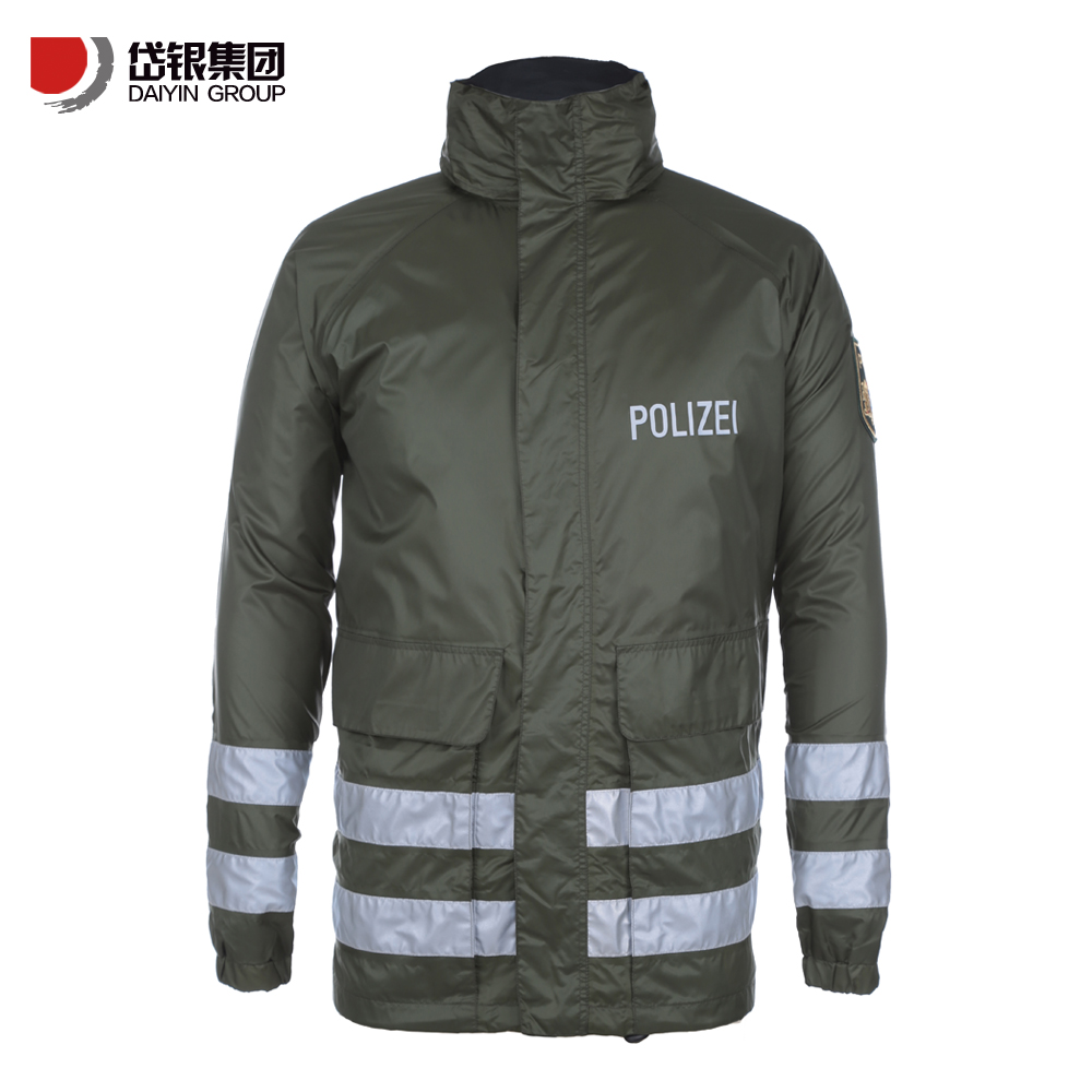 dark green polyester windbreaker waterproof parka jacket with reflective tape on Sale