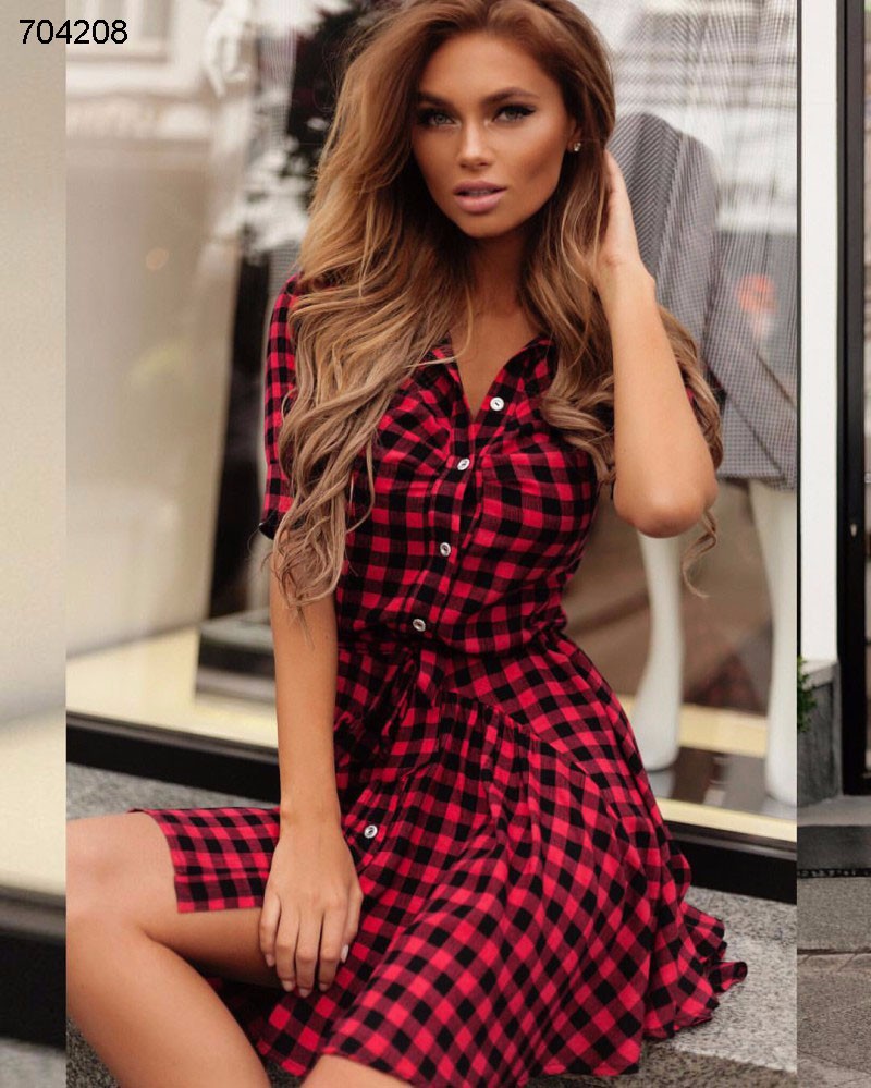 wholesale clothes casual clothes red and black check print shirt dress for women ladies for sale