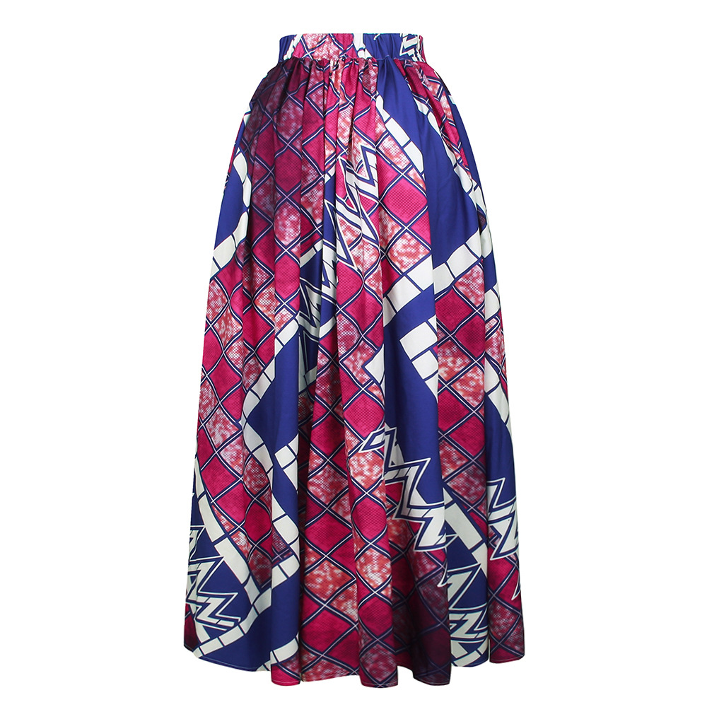 Digital printing plaid high waisted african kitenge pleated maxi long skirt for women for sale