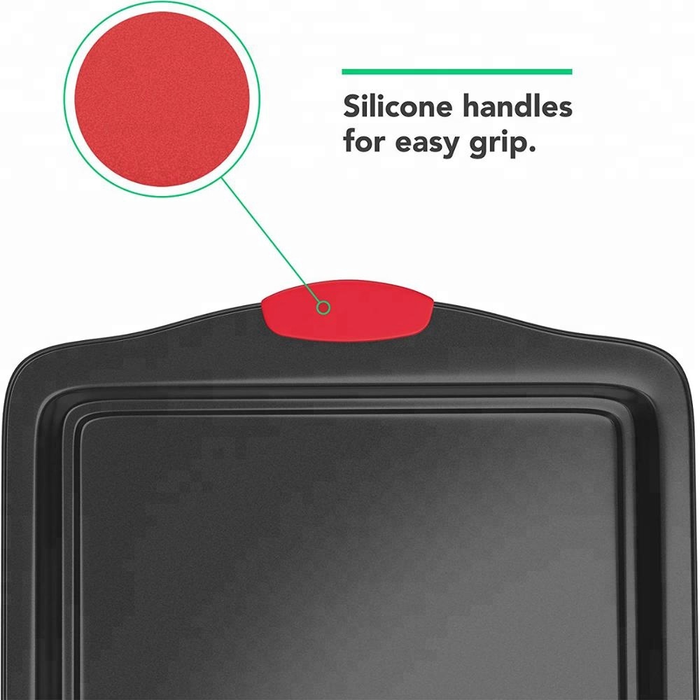 Nonstick Stainless Steel Silicone Bakeware 6-Piece Set, Latte Black with Cranberry Red Handle Grips for sale