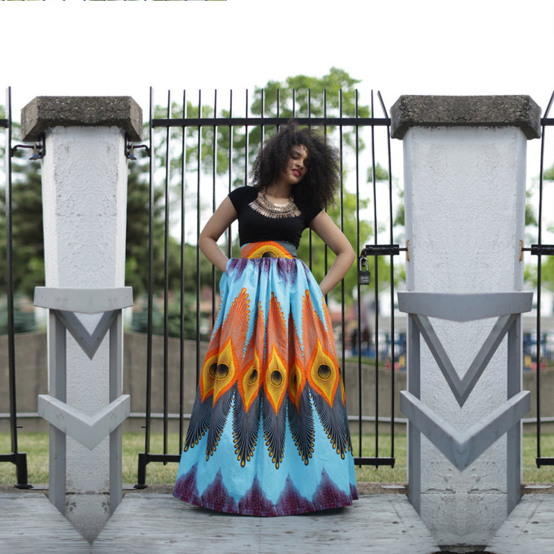 Wholesale Peacock digital printing high waist long maxi african skirt lady for sale