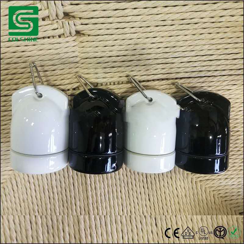 E27 4A 250V white porcelain lampholder with hook sale