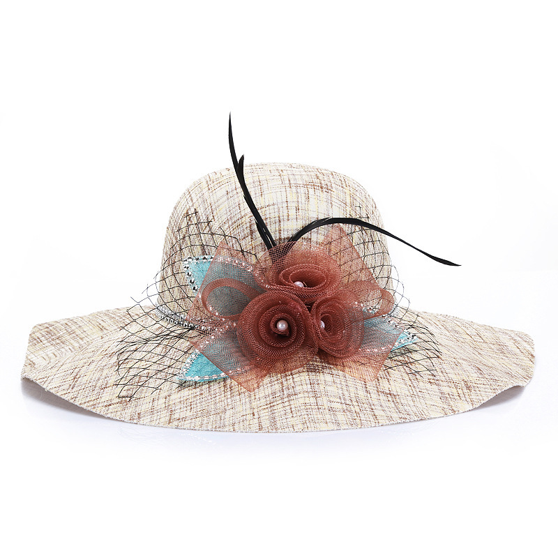 new style summer sunshade flax fancy elegant ladies wide brim church hat with flower
