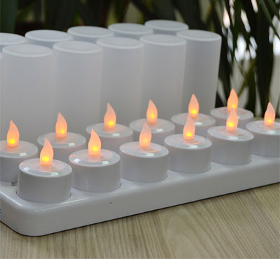 Remote Ready Amber Yellow Light Flickering Rechargeable LED Tealight Candle Set of 12 with Candle Container for Promotion