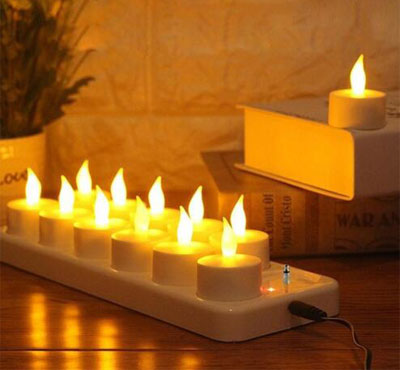 Remote Ready Amber Yellow Light Flickering Rechargeable LED Tealight Candle Set of 12 with Candle Container for Promotion