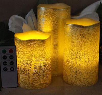 Battery Operated Gold Metallic Wax Led Candles With Rustic Golden And Silver Color