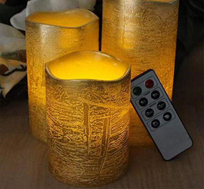 Battery Operated Gold Metallic Wax Led Candles With Rustic Golden And Silver Color