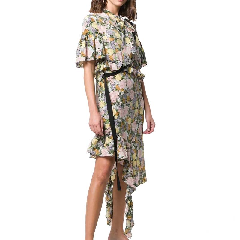 Ruffle Sleeve Asymmetrical Hem Flounce Floral Printed Midi Shirt Dress with Button